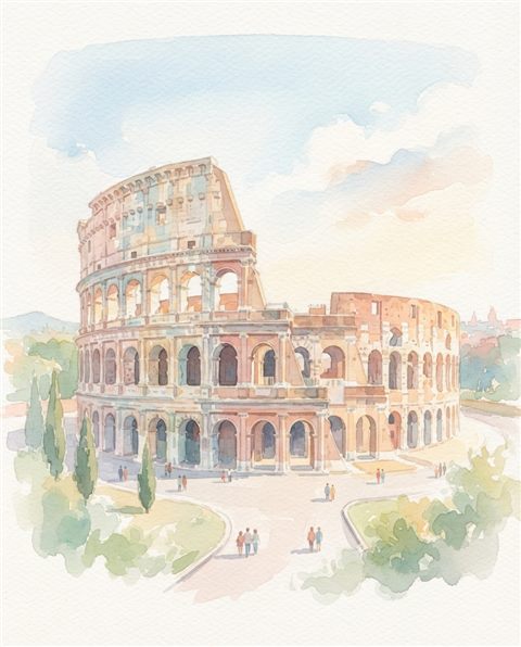 Watercolor illustration of the Colosseum in Rome, centered subject with a simple uncluttered composition, soft pastel colors, bright and cozy, 4:5 aspect ratio