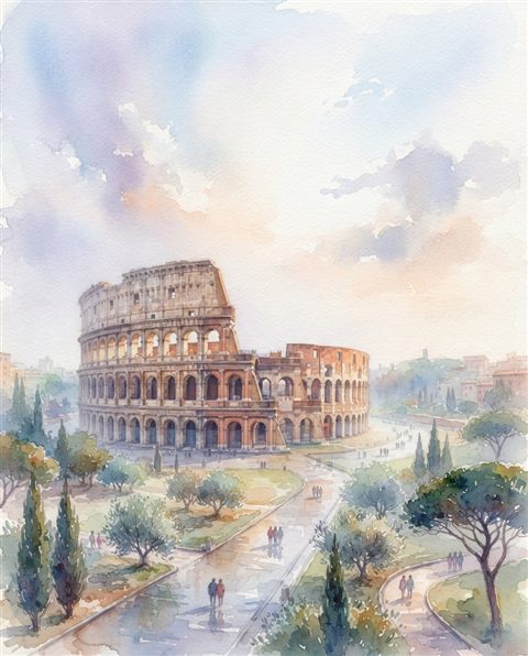 Watercolor illustration of the Colosseum in Rome, wide shot with open space at the top for text, misty morning haze, dreamy, 4:5 aspect ratio