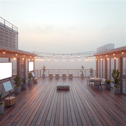 Soft 3D render of An empty modern urban rooftop terrace with wooden flooring and string lights at twilight, high-angle view from above, misty morning haze, dreamy, 1:1 aspect ratio