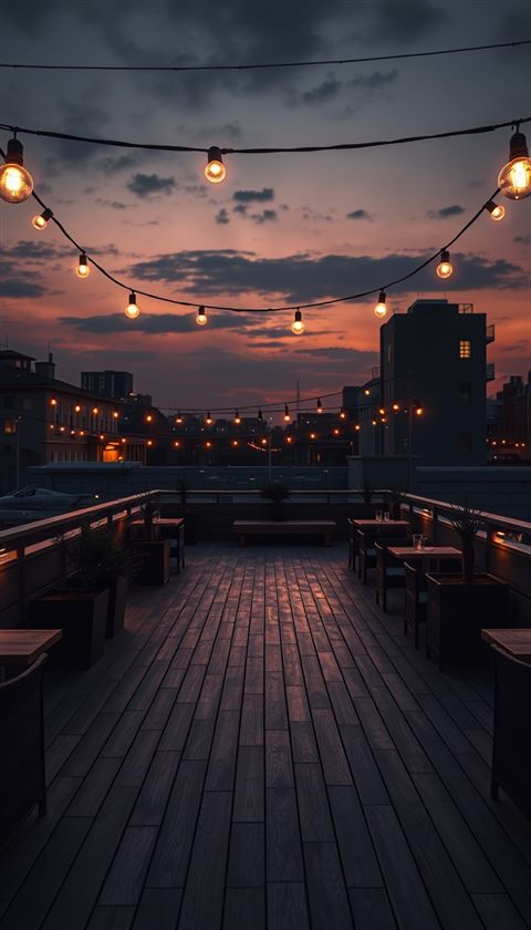 Photorealistic photo of An empty modern urban rooftop terrace with wooden flooring and string lights at twilight, wide shot with open space at the top for text, moody dark tones, dramatic lighting, 9:16 aspect ratio