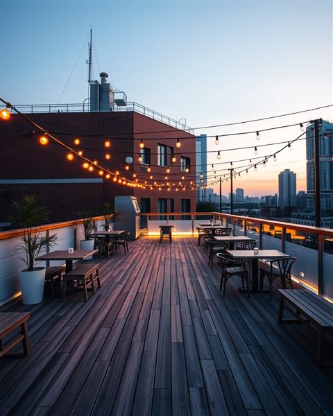 Cinematic film still of An empty modern urban rooftop terrace with wooden flooring and string lights at twilight, centered subject with a simple uncluttered composition, vivid colors, high contrast, energetic, 4:5 aspect ratio