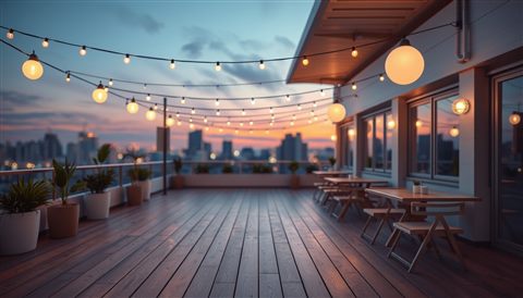 Minimal flat illustration of An empty modern urban rooftop terrace with wooden flooring and string lights at twilight, close-up detail with shallow depth of field, soft pastel colors, bright and cozy, 16:9 aspect ratio
