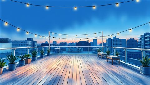 Watercolor illustration of An empty modern urban rooftop terrace with wooden flooring and string lights at twilight, wide shot with open space at the top for text, cool blue tones, quiet atmosphere, 16:9 aspect ratio