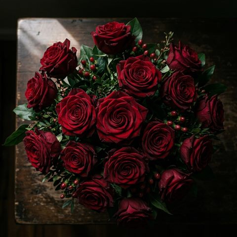 빨간 장미, 사실적인 사진, 위에서 내려다본 구도, 어두운 톤, 극적인 조명, 1:1 비율