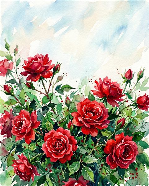 Watercolor illustration of red roses, wide shot with open space at the top for text, vivid colors, high contrast, energetic, 4:5 aspect ratio