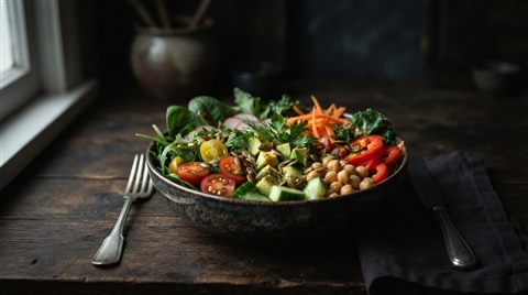 Photorealistic photo of healthy salad bowl, centered subject with a simple uncluttered composition, moody dark tones, dramatic lighting, 16:9 aspect ratio