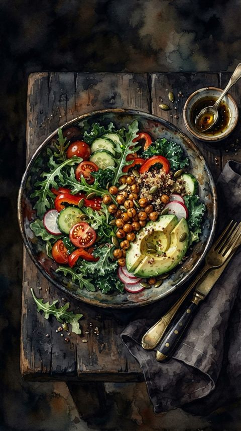 Watercolor illustration of healthy salad bowl, high-angle view from above, moody dark tones, dramatic lighting, 9:16 aspect ratio