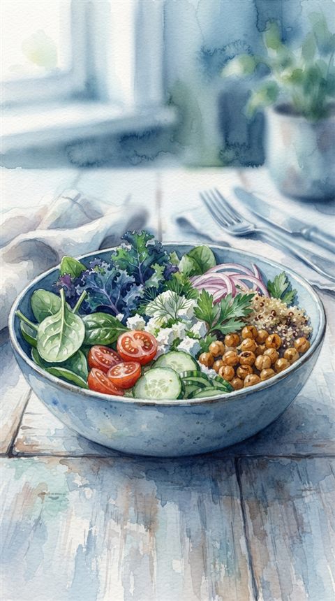 Watercolor illustration of healthy salad bowl, close-up detail with shallow depth of field, cool blue tones, quiet atmosphere, 9:16 aspect ratio