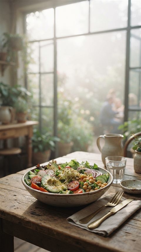 Cinematic film still of healthy salad bowl, wide shot with open space at the top for text, misty morning haze, dreamy, 9:16 aspect ratio