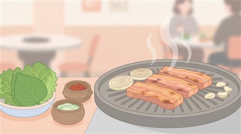 상추와 함께 불판 위에서 굽는 삼겹살, 미니멀 플랫 일러스트, 가까이 담은 디테일, 얕은 심도, 부드러운 파스텔 색감, 밝고 포근한 분위기, 16:9 비율