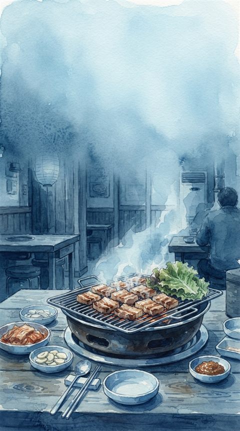 상추와 함께 불판 위에서 굽는 삼겹살, 수채화 일러스트, 위쪽에 글자 넣을 여백이 있는 넓은 구도, 차가운 푸른 톤, 고요한 분위기, 9:16 비율