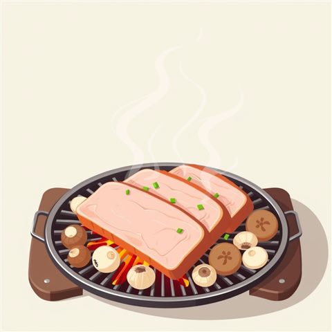 마늘, 버섯과 함께 뜨거운 불판 위에서 구워지는 두툼한 생삼겹살, 미니멀 플랫 일러스트, 위에서 내려다본 구도, 부드러운 파스텔 색감, 밝고 포근한 분위기, 1:1 비율