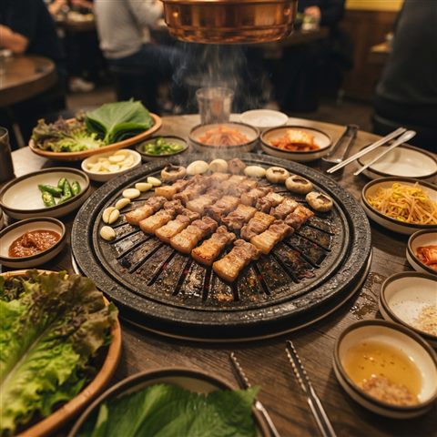 상추와 함께 불판 위에서 굽는 삼겹살, 사실적인 사진, 위에서 내려다본 구도, 따뜻한 황금빛, 차분한 분위기, 1:1 비율