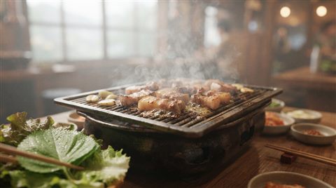 상추와 함께 불판 위에서 굽는 삼겹살, 부드러운 3D 렌더링, 가까이 담은 디테일, 얕은 심도, 아침 안개, 몽환적인 분위기, 16:9 비율