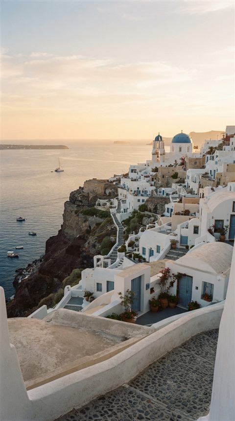 Cinematic film still of white houses of Santorini above the sea, centered subject with a simple uncluttered composition, warm golden light, calm mood, 9:16 aspect ratio