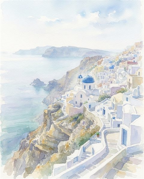 Watercolor illustration of white houses of Santorini above the sea, centered subject with a simple uncluttered composition, misty morning haze, dreamy, 4:5 aspect ratio