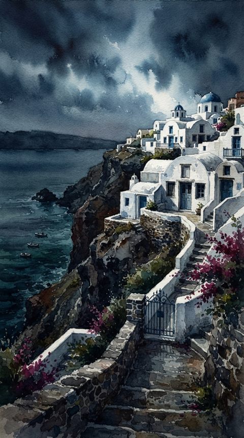 Watercolor illustration of white houses of Santorini above the sea, close-up detail with shallow depth of field, moody dark tones, dramatic lighting, 9:16 aspect ratio
