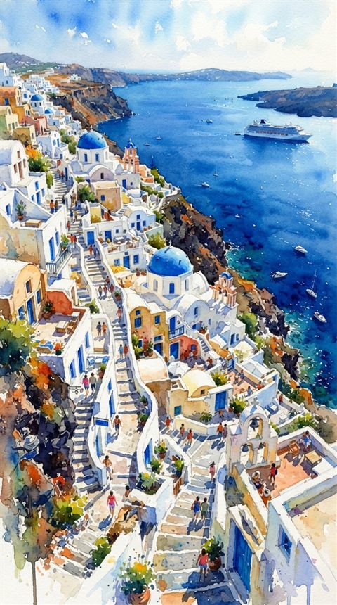 Watercolor illustration of white houses of Santorini above the sea, high-angle view from above, vivid colors, high contrast, energetic, 9:16 aspect ratio