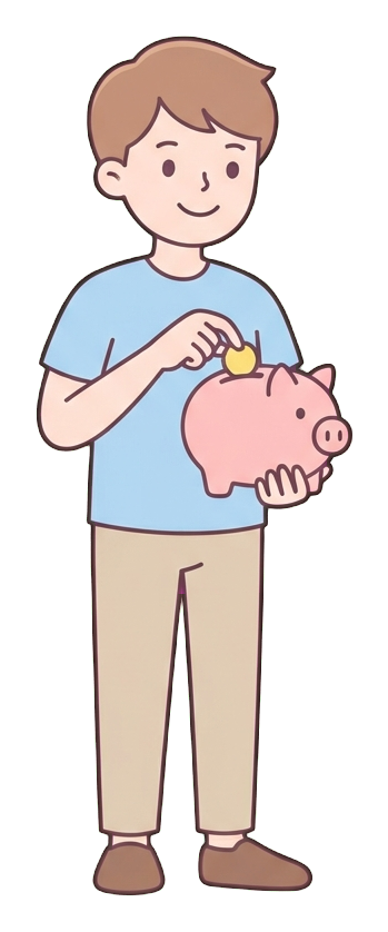 Simple cute flat cartoon illustration with soft pastel colors and thin clean dark outlines of a young man, person putting a coin into a piggy bank, transparent background PNG
