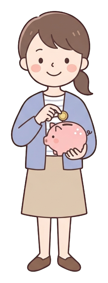 Simple cute flat cartoon illustration with soft pastel colors and thin clean dark outlines of a young woman, person putting a coin into a piggy bank, transparent background PNG