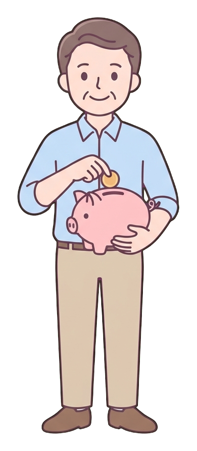 Simple cute flat cartoon illustration with soft pastel colors and thin clean dark outlines of a middle-aged man, person putting a coin into a piggy bank, transparent background PNG