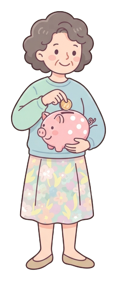 Simple cute flat cartoon illustration with soft pastel colors and thin clean dark outlines of a middle-aged woman, person putting a coin into a piggy bank, transparent background PNG