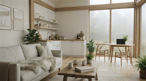 Photorealistic photo of a scandinavian style interior, wide shot with open space at the top for text, misty morning haze, dreamy, 16:9 aspect ratio