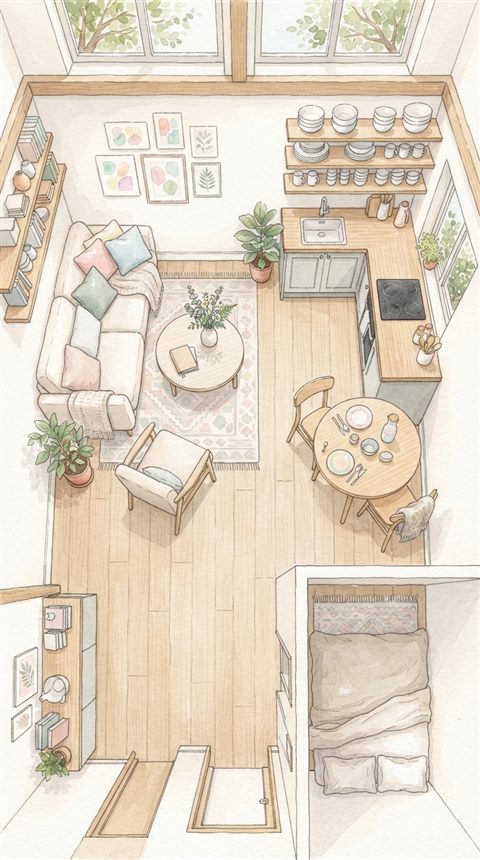 Watercolor illustration of a scandinavian style interior, high-angle view from above, soft pastel colors, bright and cozy, 9:16 aspect ratio