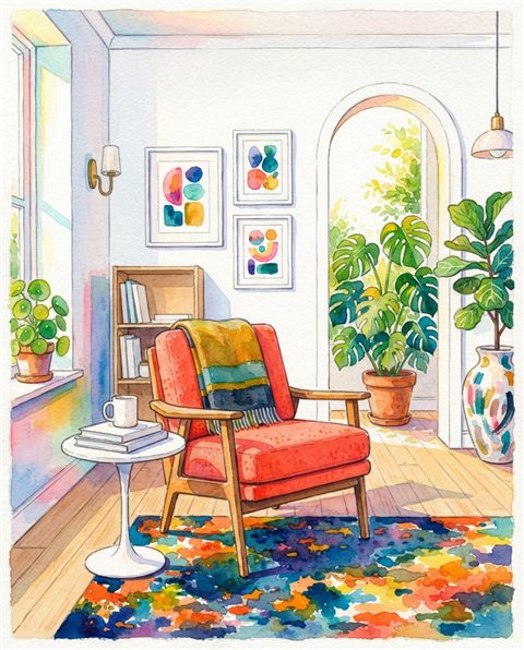 Watercolor illustration of a scandinavian style interior, centered subject with a simple uncluttered composition, vivid colors, high contrast, energetic, 4:5 aspect ratio