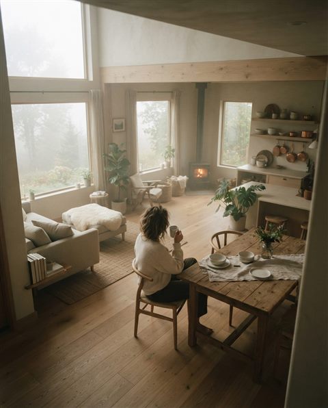Cinematic film still of a scandinavian style interior, high-angle view from above, misty morning haze, dreamy, 4:5 aspect ratio