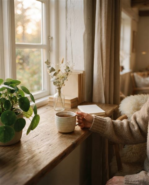 Cinematic film still of a scandinavian style interior, close-up detail with shallow depth of field, warm golden light, calm mood, 4:5 aspect ratio