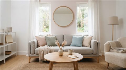 Photorealistic photo of a scandinavian style interior, centered subject with a simple uncluttered composition, soft pastel colors, bright and cozy, 16:9 aspect ratio