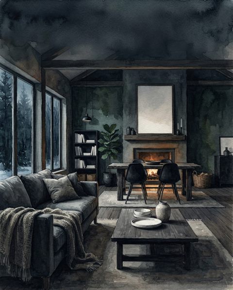 Watercolor illustration of a scandinavian style interior, wide shot with open space at the top for text, moody dark tones, dramatic lighting, 4:5 aspect ratio