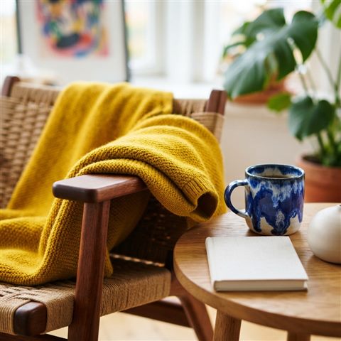 Photorealistic photo of a scandinavian style interior, close-up detail with shallow depth of field, vivid colors, high contrast, energetic, 1:1 aspect ratio