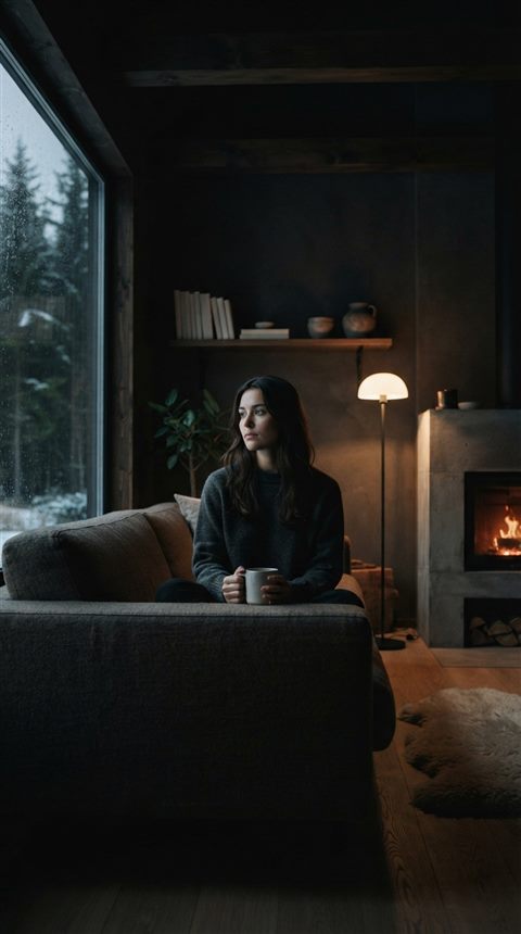 Cinematic film still of a scandinavian style interior, centered subject with a simple uncluttered composition, moody dark tones, dramatic lighting, 9:16 aspect ratio