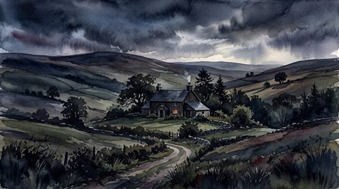 Watercolor illustration of peaceful countryside scenery with rolling hills, centered subject with a simple uncluttered composition, moody dark tones, dramatic lighting, 16:9 aspect ratio