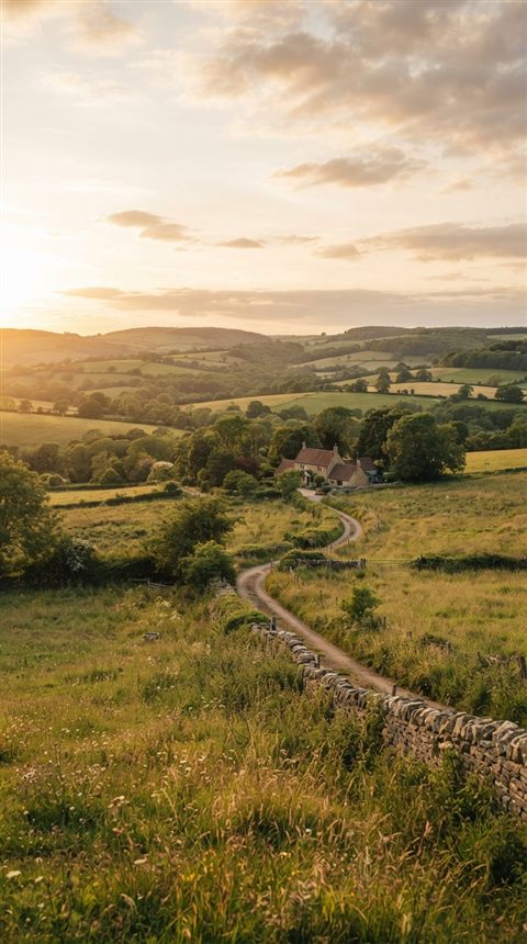 Photorealistic photo of peaceful countryside scenery with rolling hills, wide shot with open space at the top for text, warm golden light, calm mood, 9:16 aspect ratio