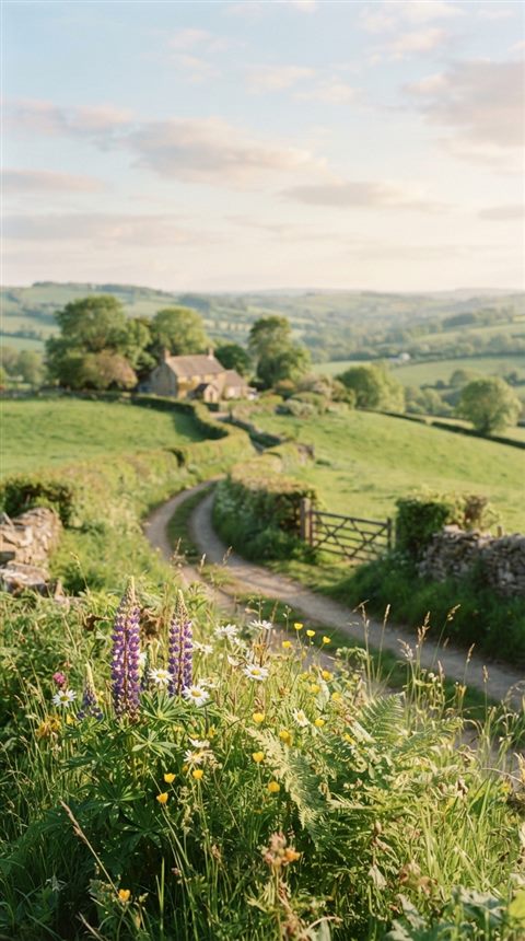 Cinematic film still of peaceful countryside scenery with rolling hills, close-up detail with shallow depth of field, soft pastel colors, bright and cozy, 9:16 aspect ratio