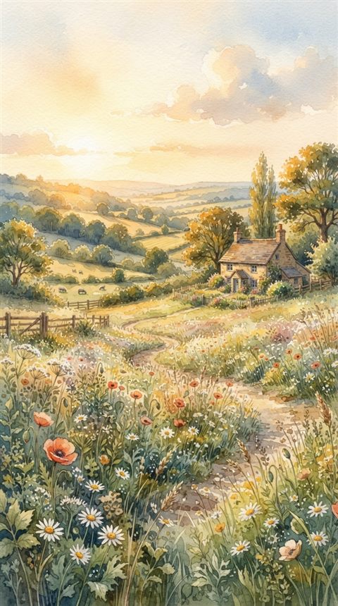 Watercolor illustration of peaceful countryside scenery with rolling hills, close-up detail with shallow depth of field, warm golden light, calm mood, 9:16 aspect ratio
