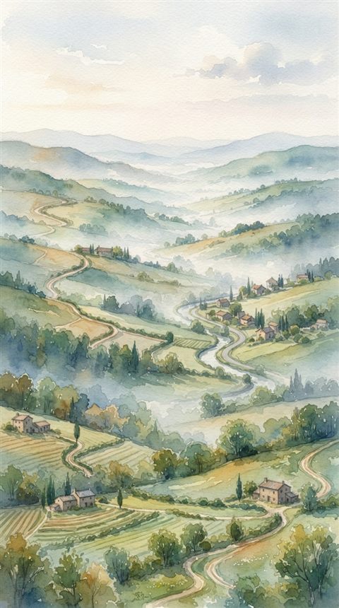 Watercolor illustration of peaceful countryside scenery with rolling hills, high-angle view from above, misty morning haze, dreamy, 9:16 aspect ratio