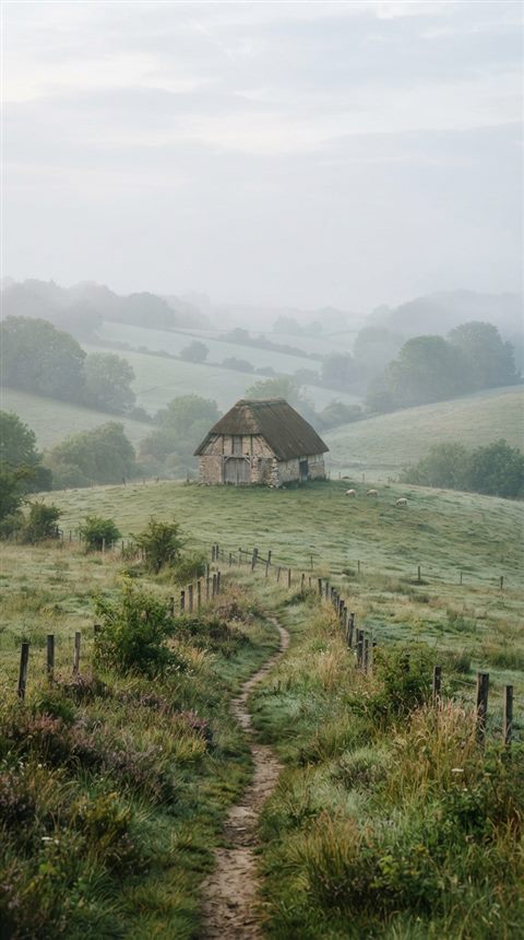 Photorealistic photo of peaceful countryside scenery with rolling hills, centered subject with a simple uncluttered composition, misty morning haze, dreamy, 9:16 aspect ratio