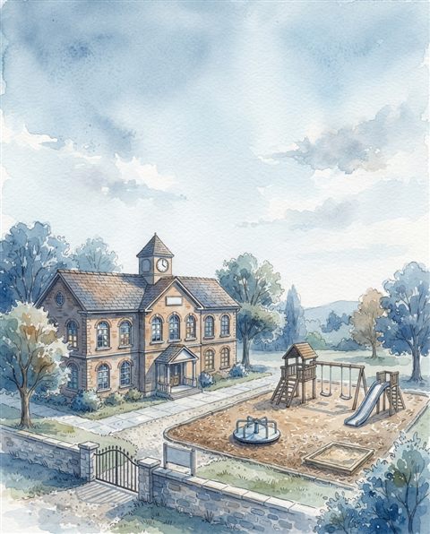 Watercolor illustration of a school building with a playground, wide shot with open space at the top for text, cool blue tones, quiet atmosphere, 4:5 aspect ratio