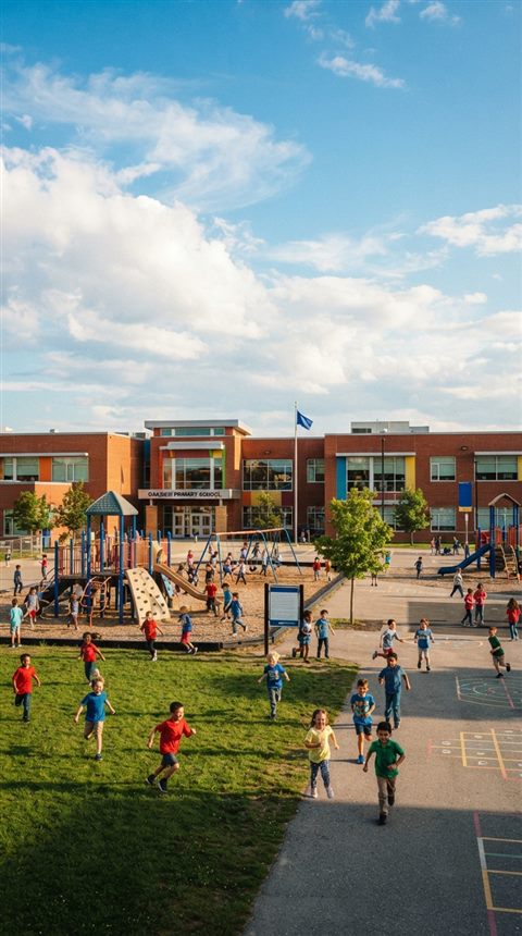 Cinematic film still of a school building with a playground, wide shot with open space at the top for text, vivid colors, high contrast, energetic, 9:16 aspect ratio