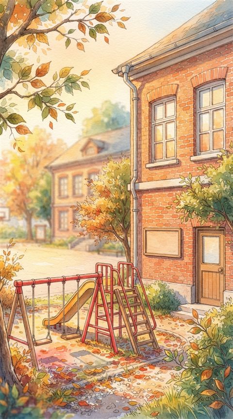 Watercolor illustration of a school building with a playground, close-up detail with shallow depth of field, warm golden light, calm mood, 9:16 aspect ratio