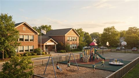 Photorealistic photo of a school building with a playground, wide shot with open space at the top for text, warm golden light, calm mood, 16:9 aspect ratio