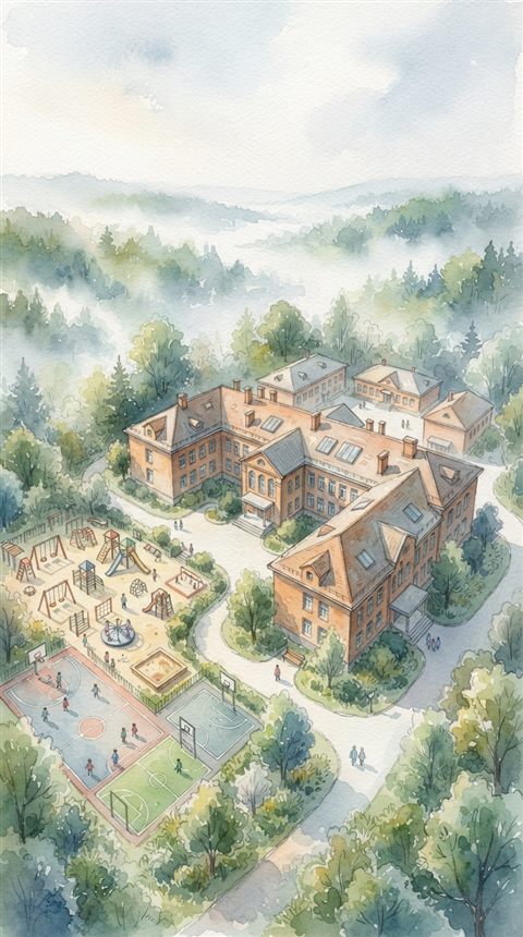Watercolor illustration of a school building with a playground, high-angle view from above, misty morning haze, dreamy, 9:16 aspect ratio