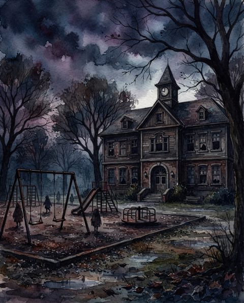 Watercolor illustration of a school building with a playground, centered subject with a simple uncluttered composition, moody dark tones, dramatic lighting, 4:5 aspect ratio