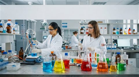 Photorealistic photo of science lab beakers with colorful liquids, wide shot with open space at the top for text, vivid colors, high contrast, energetic, 16:9 aspect ratio