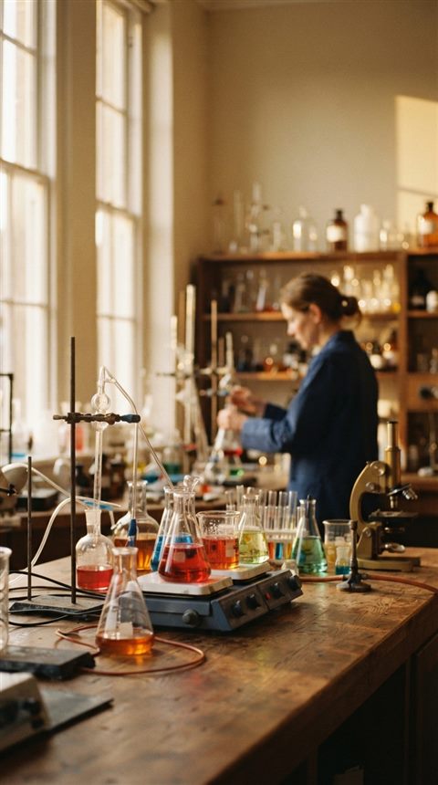 Cinematic film still of science lab beakers with colorful liquids, wide shot with open space at the top for text, warm golden light, calm mood, 9:16 aspect ratio
