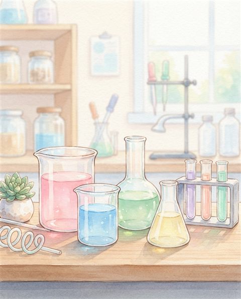 Watercolor illustration of science lab beakers with colorful liquids, centered subject with a simple uncluttered composition, soft pastel colors, bright and cozy, 4:5 aspect ratio